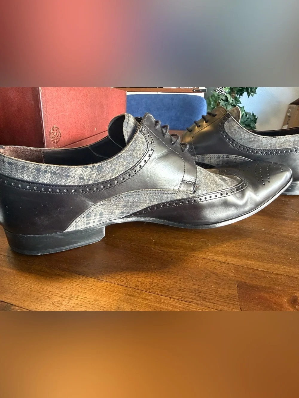 Mezlan Men's Spectator Oxfords Size 15 M Black Grey Wingtip Plaid Fabric 16072-1